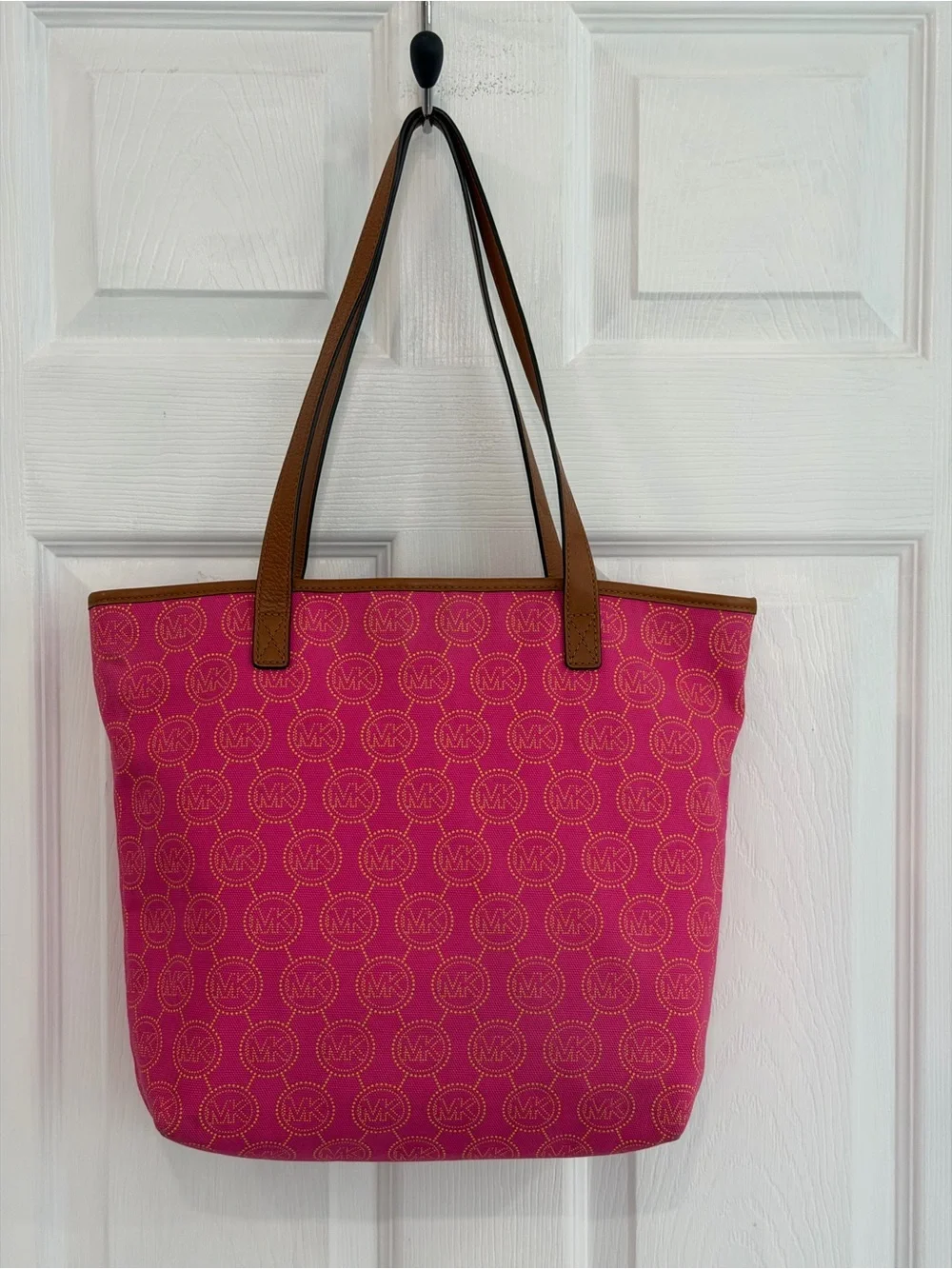 Michael Kors Hot Pink Logo Jacquard Tote with Brown Leather Straps